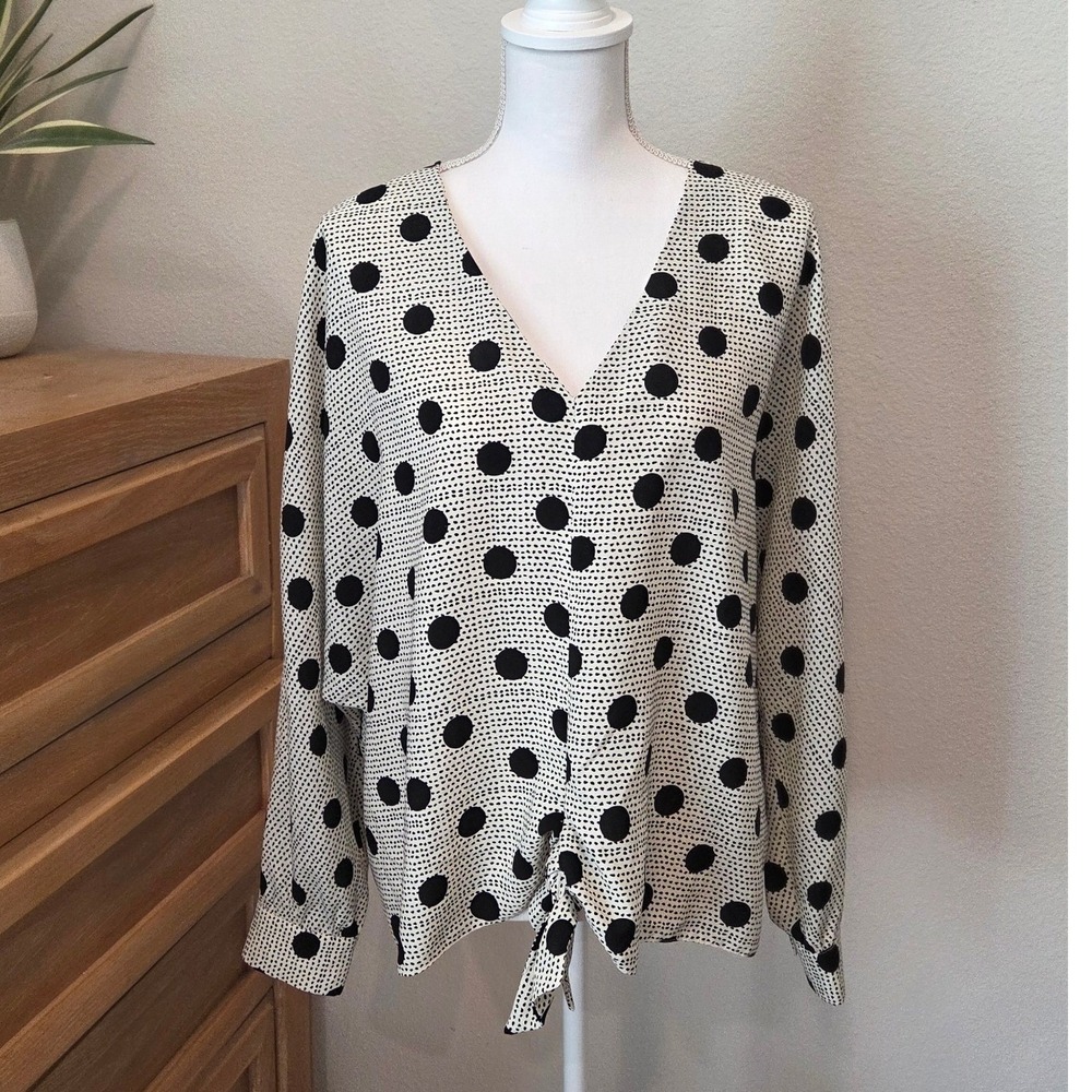 Primark Polka Dot Tie Front V Neck Long Sleeve Blouse Top Women Size 14 Modern